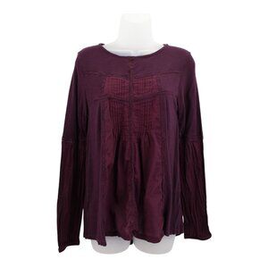 Sundance Pintuck Boho Tunic Long Sleeves Keyhole Lightweight Plum Purple Small